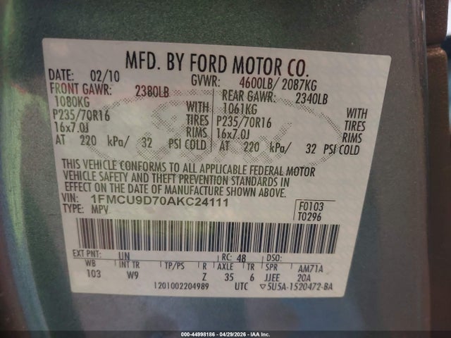 Продаж на аукціоні авто 2010 Ford Escape Xlt, vin: 1FMCU9D70AKC24111, номер лоту: 44998186