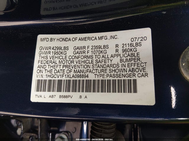 Продаж на аукціоні авто 2020 Honda Accord Lx, vin: 1HGCV1F1XLA098894, номер лоту: 44998195