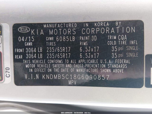 44998208 :رقم المزاد ، KNDMB5C18G6090857 vin ، 2016 Kia Sedona Lx مزاد بيع