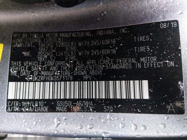 44998217 :رقم المزاد ، 5TDKZRFH0KS571178 vin ، 2019 Toyota Highlander Xle مزاد بيع