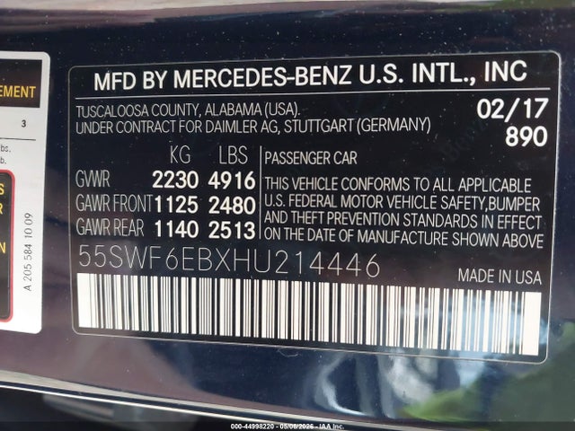 Продажа на аукционе авто 2017 Mercedes-benz Amg C 43 4matic, vin: 55SWF6EBXHU214446, номер лота: 44998220