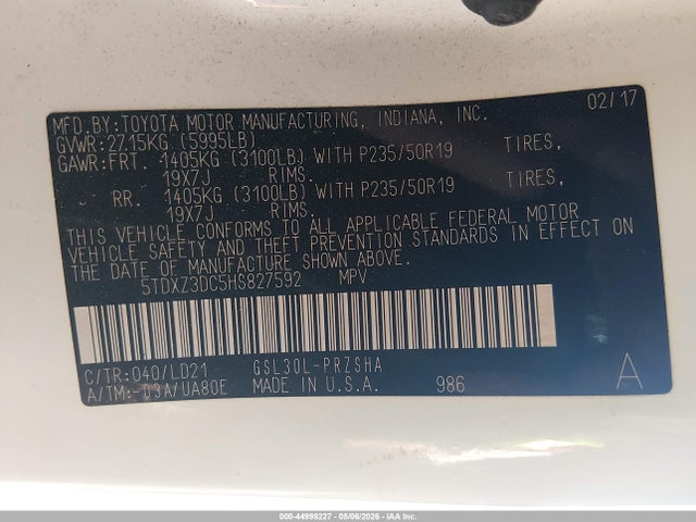 Aukcja sprzedaży 2017 Toyota Sienna Se Premium 8 Passenger, vin: 5TDXZ3DC5HS827592, numer aukcji: 44998227