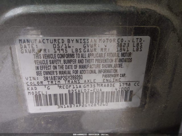 44998233 :رقم المزاد ، 3N1AB7AP2GY289260 vin ، 2016 Nissan Sentra Sv مزاد بيع