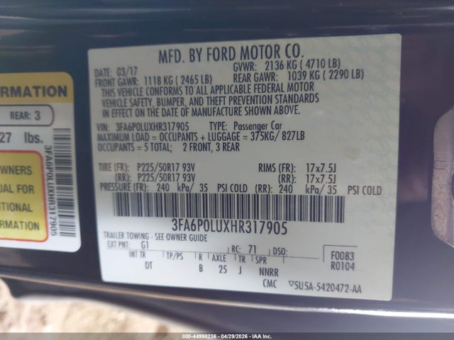 3FA6P0LUXHR317905 Ford Fusion Hybrid Se