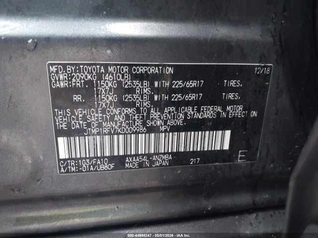44998247 :رقم المزاد ، JTMP1RFV7KD009986 vin ، 2019 Toyota Rav4 Xle مزاد بيع