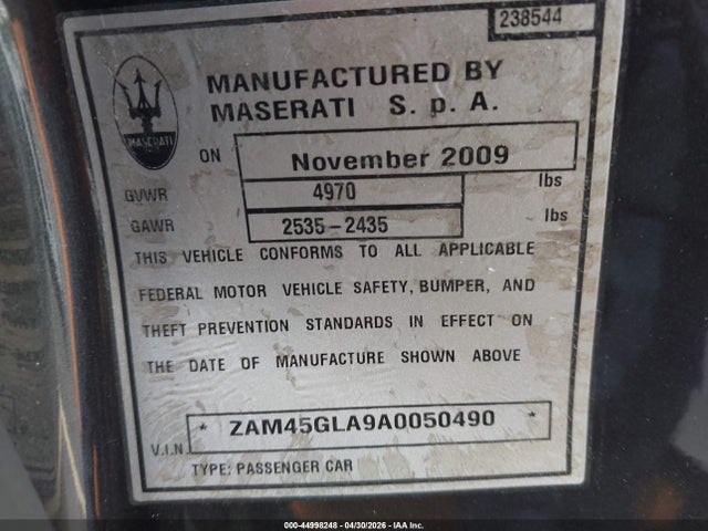 Продажа на аукционе авто 2010 Maserati Granturismo, vin: ZAM45GLA9A0050490, номер лота: 44998248