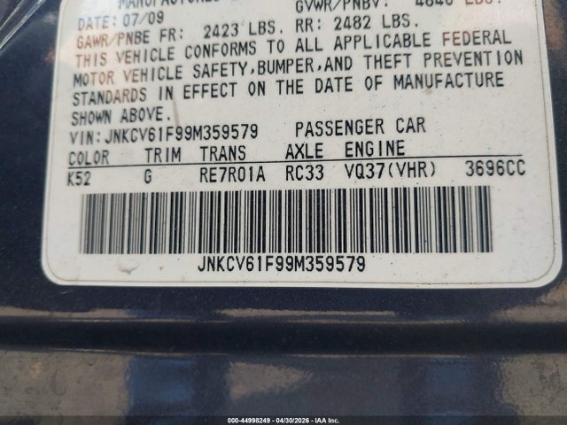 2009 Infiniti G37x მანქანა იყიდება აუქციონზე, vin: JNKCV61F99M359579, აუქციონის ნომერი: 44998249