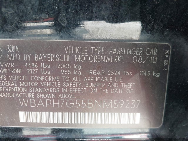 Aukcja sprzedaży 2011 Bmw 328i, vin: WBAPH7G55BNM59237, numer aukcji: 44998259