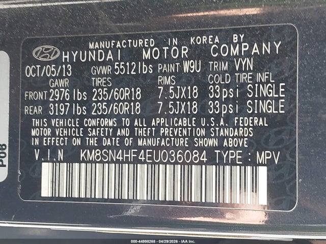 Aukcja sprzedaży 2014 Hyundai Santa Fe Gls, vin: KM8SN4HF4EU036084, numer aukcji: 44998268
