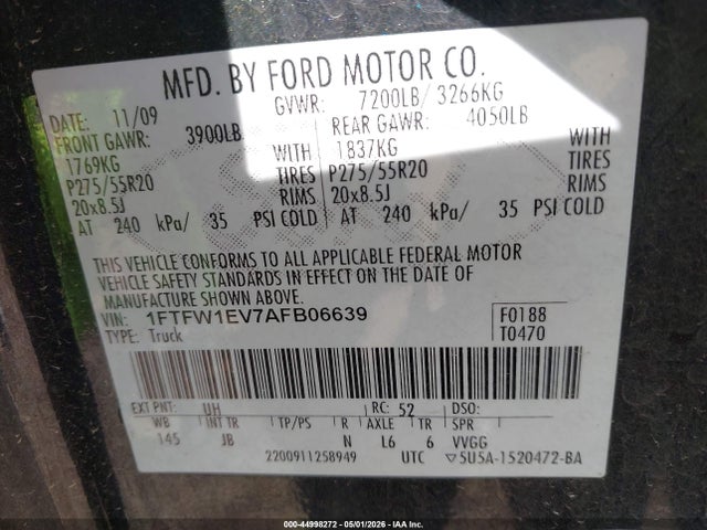 Aukcja sprzedaży 2010 Ford F-150 Fx4, vin: 1FTFW1EV7AFB06639, numer aukcji: 44998272
