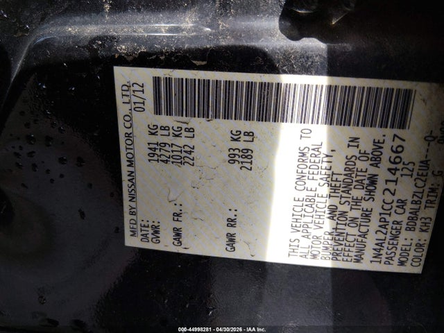 Aukcja sprzedaży 2012 Nissan Altima 2.5 S, vin: 1N4AL2AP1CC214667, numer aukcji: 44998281