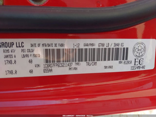 2012 Ram 1500 St მანქანა იყიდება აუქციონზე, vin: 1C6RD7FP6CS211437, აუქციონის ნომერი: 44998287