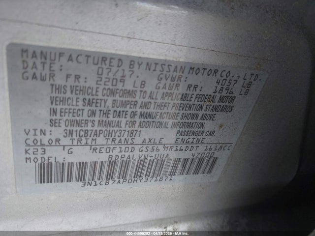 2017 Nissan Sentra Nismo მანქანა იყიდება აუქციონზე, vin: 3N1CB7AP0HY371871, აუქციონის ნომერი: 44998292