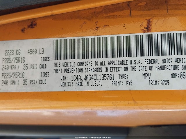 Продаж на аукціоні авто 2012 Jeep Wrangler Sport, vin: 1C4AJWAG4CL135761, номер лоту: 44998297