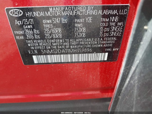 Auction sale of the 2021 Hyundai Santa Fe Sel, vin: 5NMS2DAJ1MH359896, lot number: 44998302
