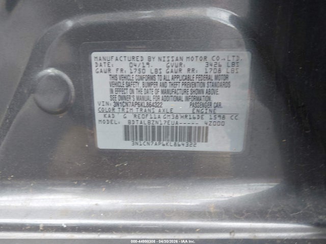 Aukcja sprzedaży 2019 Nissan Versa 1.6 Sv, vin: 3N1CN7AP6KL864322, numer aukcji: 44998308