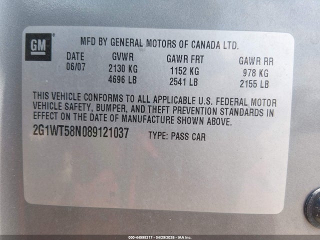 44998317 :رقم المزاد ، 2G1WT58N089121037 vin ، 2008 Chevrolet Impala Lt مزاد بيع