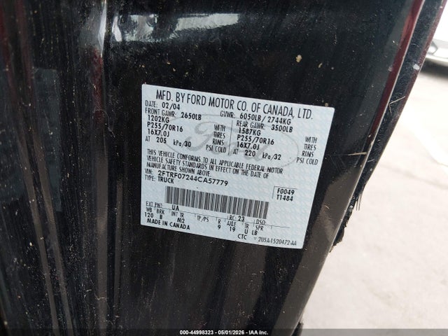 44998323 :رقم المزاد ، 2FTRF07244CA57779 vin ، 2004 Ford F-150 Heritage Xl/xlt مزاد بيع