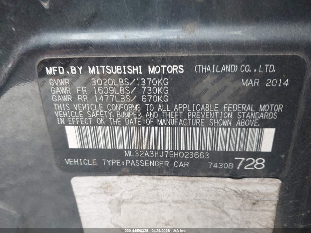 Aukcja sprzedaży 2014 Mitsubishi Mirage De, vin: ML32A3HJ7EH023663, numer aukcji: 44998325