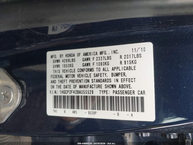 Aukcja sprzedaży 2011 Honda Accord 2.4 Lx-p, vin: 1HGCP2F42BA055529, numer aukcji: 44998329