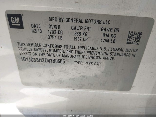 44998340 :رقم المزاد ، 1G1JC5SH2D4180665 vin ، 2013 Chevrolet Sonic Lt Auto مزاد بيع