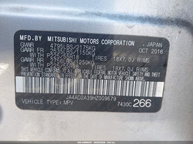 Aukcja sprzedaży 2017 Mitsubishi Outlander Es, vin: JA4AD2A39HZ009679, numer aukcji: 44998347