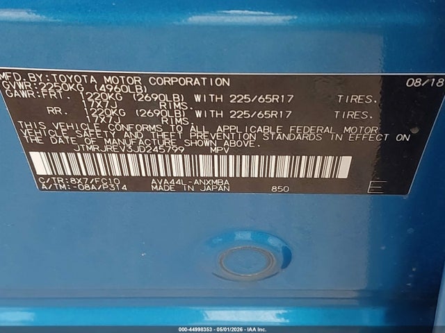 Aukcja sprzedaży 2018 Toyota Rav4 Hybrid Le, vin: JTMRJREV3JD245799, numer aukcji: 44998353