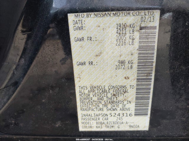 Aukcja sprzedaży 2013 Nissan Altima 2.5 S, vin: 1N4AL3AP5DN524316, numer aukcji: 44998357