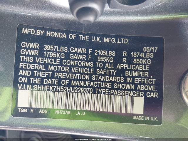 Продаж на аукціоні авто 2017 Honda Civic Ex, vin: SHHFK7H52HU229370, номер лоту: 44998363