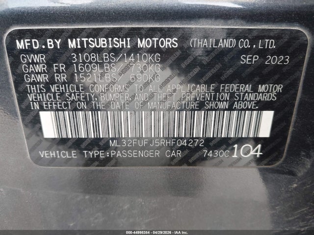 Aukcja sprzedaży 2024 Mitsubishi Mirage G4 Es, vin: ML32FUFJ5RHF04272, numer aukcji: 44998384