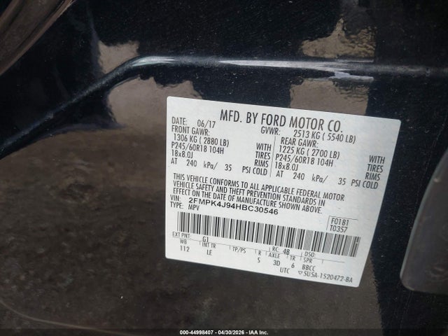2017 Ford Edge Sel მანქანა იყიდება აუქციონზე, vin: 2FMPK4J94HBC30546, აუქციონის ნომერი: 44998407
