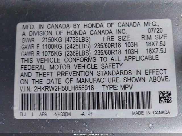 2020 Honda Cr-v Awd Ex მანქანა იყიდება აუქციონზე, vin: 2HKRW2H50LH656918, აუქციონის ნომერი: 44998408