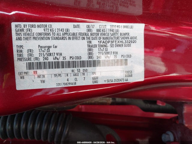 2017 Ford Focus Se მანქანა იყიდება აუქციონზე, vin: 1FADP3FEXHL332920, აუქციონის ნომერი: 44998409
