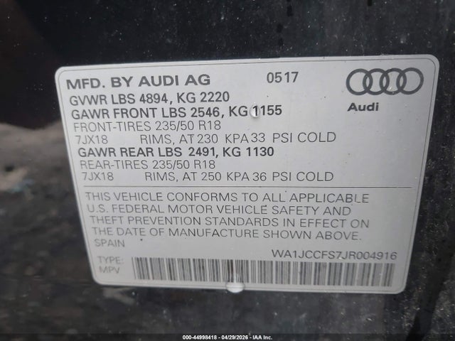 2018 Audi Q3 2.0t Premium/2.0t Sport Premium მანქანა იყიდება აუქციონზე, vin: WA1JCCFS7JR004916, აუქციონის ნომერი: 44998418