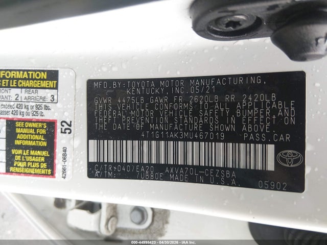 Auction sale of the 2021 Toyota Camry Se, vin: 4T1G11AK3MU467019, lot number: 44998423