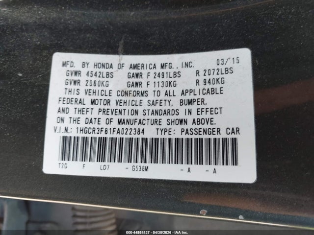 Продаж на аукціоні авто 2015 Honda Accord Ex-l V-6, vin: 1HGCR3F81FA022384, номер лоту: 44998427