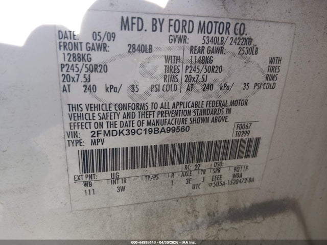 Aukcja sprzedaży 2009 Ford Edge Limited, vin: 2FMDK39C19BA99560, numer aukcji: 44998440