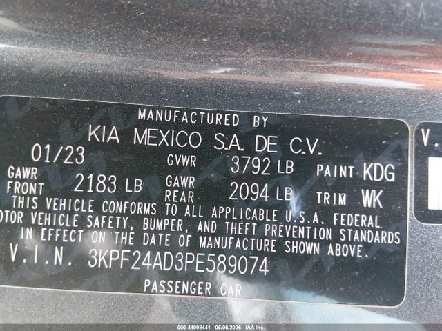 44998441 :رقم المزاد ، 3KPF24AD3PE589074 vin ، 2023 Kia Forte Lxs مزاد بيع