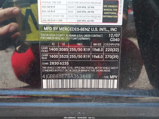 Продаж на аукціоні авто 2008 Mercedes-benz Ml 350 4matic, vin: 4JGBB86E78A363448, номер лоту: 44998452