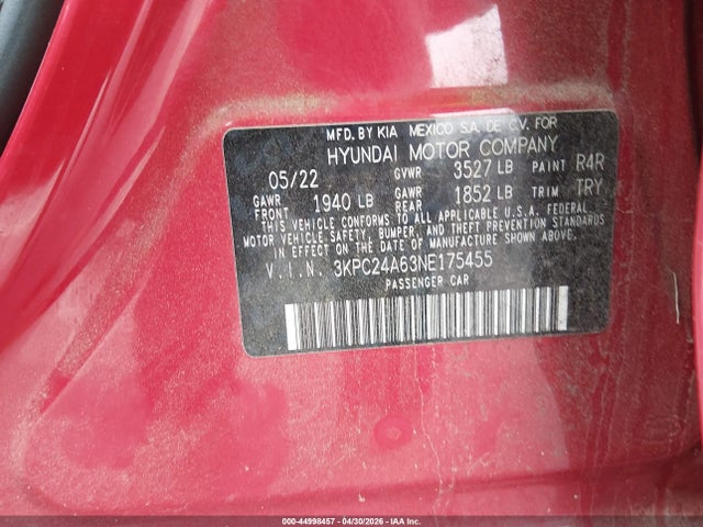 44998457 :رقم المزاد ، 3KPC24A63NE175455 vin ، 2022 Hyundai Accent Sel مزاد بيع