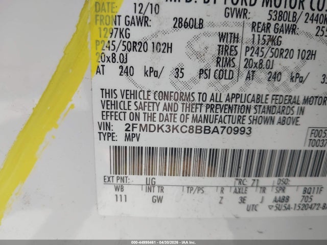 Продаж на аукціоні авто 2011 Ford Edge Limited, vin: 2FMDK3KC8BBA70993, номер лоту: 44998461