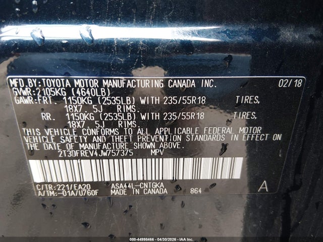 44998466 :رقم المزاد ، 2T3DFREV4JW757375 vin ، 2018 Toyota Rav4 Limited مزاد بيع