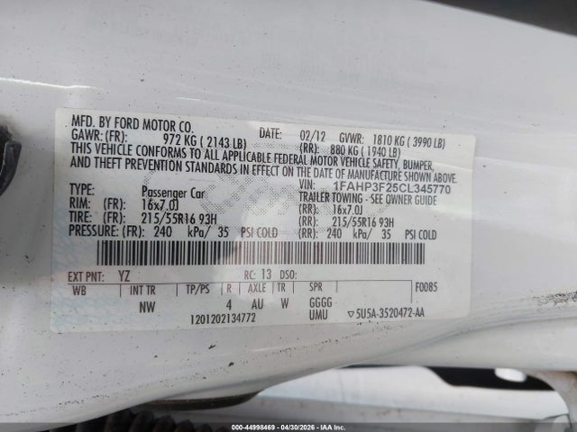 Продажа на аукционе авто 2012 Ford Focus Se, vin: 1FAHP3F25CL345770, номер лота: 44998469