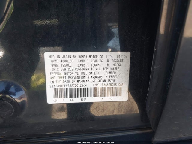 Продажа на аукционе авто 2007 Acura Tsx, vin: JH4CL96927C012964, номер лота: 44998471