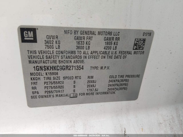 Aukcja sprzedaży 2016 Chevrolet Suburban Lt, vin: 1GNSKHKC9GR271354, numer aukcji: 44998488