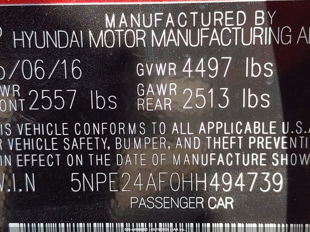 44998493 :رقم المزاد ، 5NPE24AF0HH494739 vin ، 2017 Hyundai Sonata Se مزاد بيع