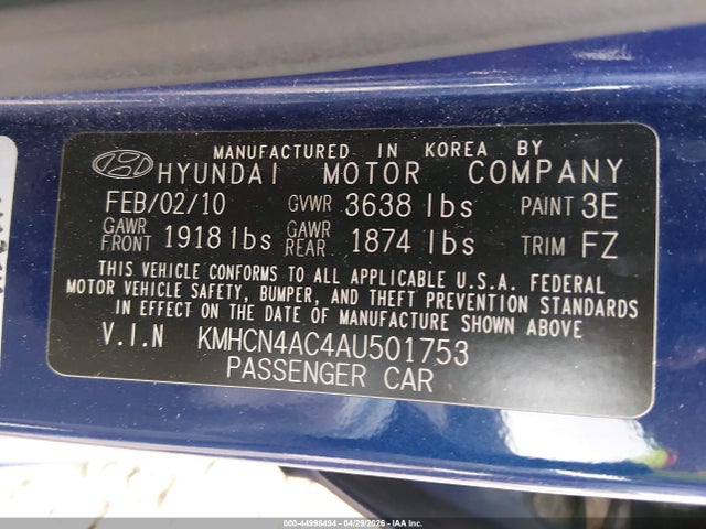 44998494 :رقم المزاد ، KMHCN4AC4AU501753 vin ، 2010 Hyundai Accent Gls مزاد بيع