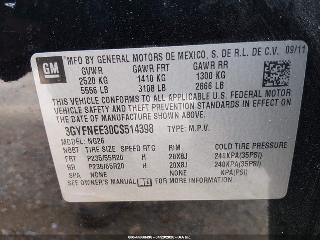 2012 Cadillac Srx Performance Collection მანქანა იყიდება აუქციონზე, vin: 3GYFNEE30CS514398, აუქციონის ნომერი: 44998496