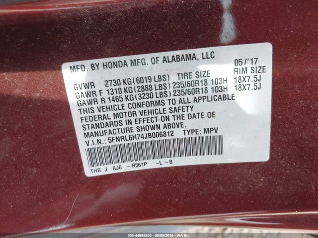 5FNRL6H74JB006812 Honda Odyssey Ex-l