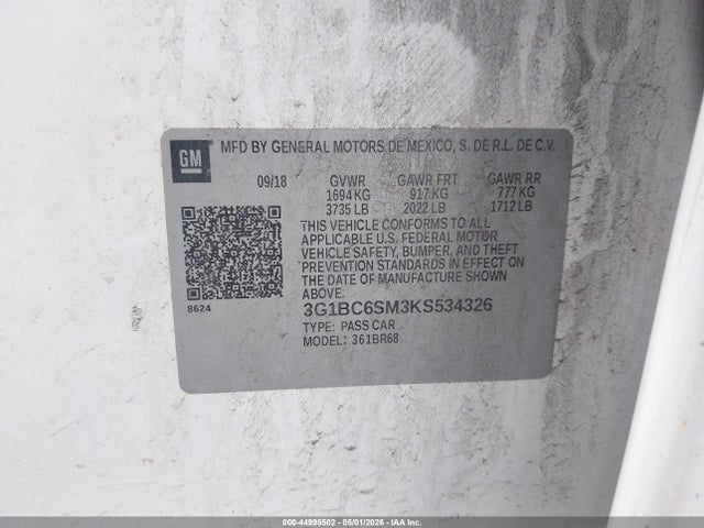 Продаж на аукціоні авто 2019 Chevrolet Cruze Ls, vin: 3G1BC6SM3KS534326, номер лоту: 44998502